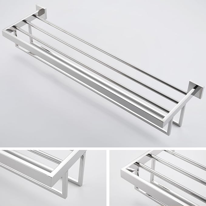 KOKOSIRI 32'' Bathroom Towel Shelf Chrome Towel Rack with Two Bath Towel Bars SUS304 Stainless Steel Wall Mounted, Polished Finish B6003CH-L32