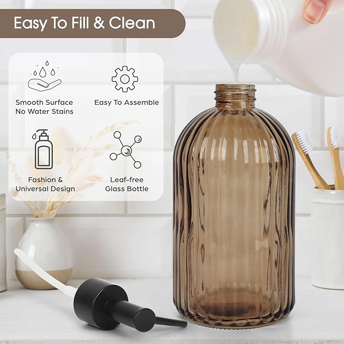 Topsky 2 Pack Glass Soap Dispenser with Black Plastic Pump, 400ml Liquid Hand Soap Dispenser, Rustproof Pump for Kitchen & Bathroom, Great for Lotions, Essential Oil, Liquid Soaps-Amber
