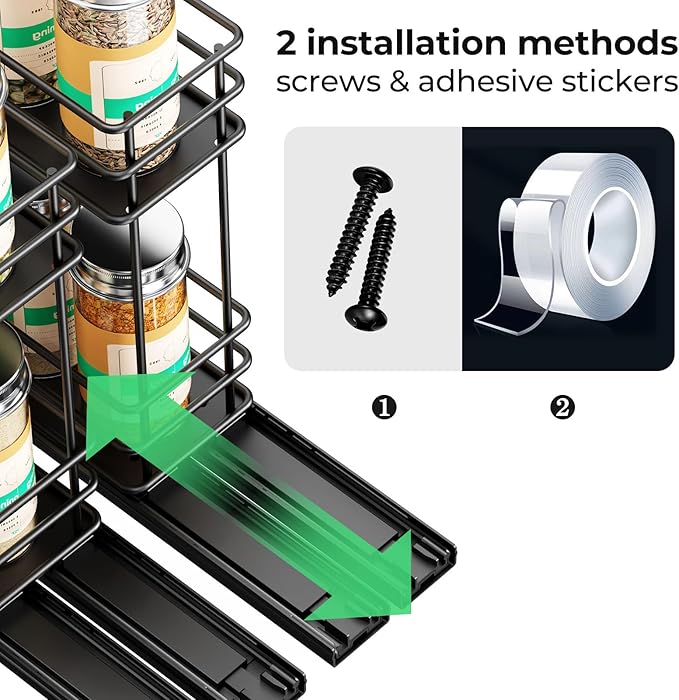 Pull Out Spice Rack Organizer for Cabinet, Slide Out Spice Racks, Easy to Install Spice Cabinet Organizers, 5.2" Wx10.43 Dx8.26 H, 2 Packs 2 Tiers(Black)