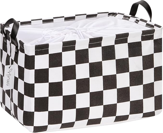 Hinwo Large Canvas Fabric Storage Basket with Handles, 33L/8.6-Gal Rectangle Bin, Collapsible Storage Box, Clothes, Toys, Blankets Organizer, 16.5 x 12 x 10 Inches (L, Black Checkerboard)
