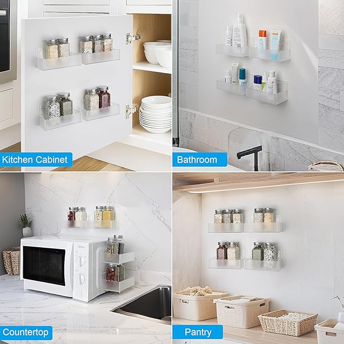 12 inch Spice Rack Wall Mounted,4 Pack Spice Organizer Shelf for Stove Cabinet Pantry Door, Adhesive or Screw Hanging Wall Spice Shelf Storage Holder in Kitchen and RV - Frost Color