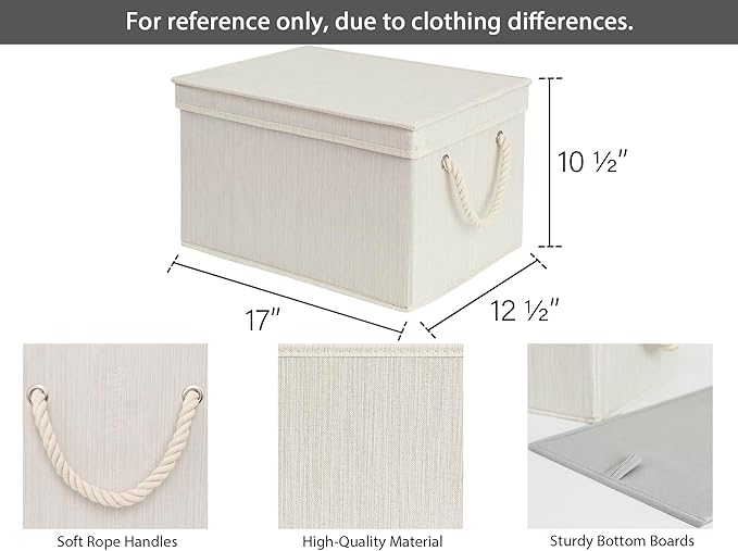 StorageWorks Storage Bins with Lids, Decorative Storage Boxes with Soft Rope Handles, Foldable Stackable Storage Baskets for Closet, Shelves, 3-Pack, Ivory and White, Jumbo