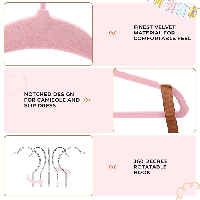 Velvet Baby Hangers with Clips (30 Pack) | 11” Ultra-Slim Baby Clothes Hangers | Non-Slip Felt | Space-Saving Nursery & Infant Closet Organizer | Pink