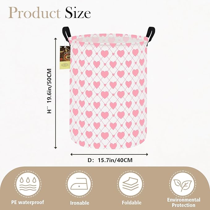 HUNRUNG Laundry Hamper,Large Canvas Fabric Lightweight Storage Basket Toy Organizer Dirty Clothes Collapsible Waterproof for College Dorms（Round-Heart）
