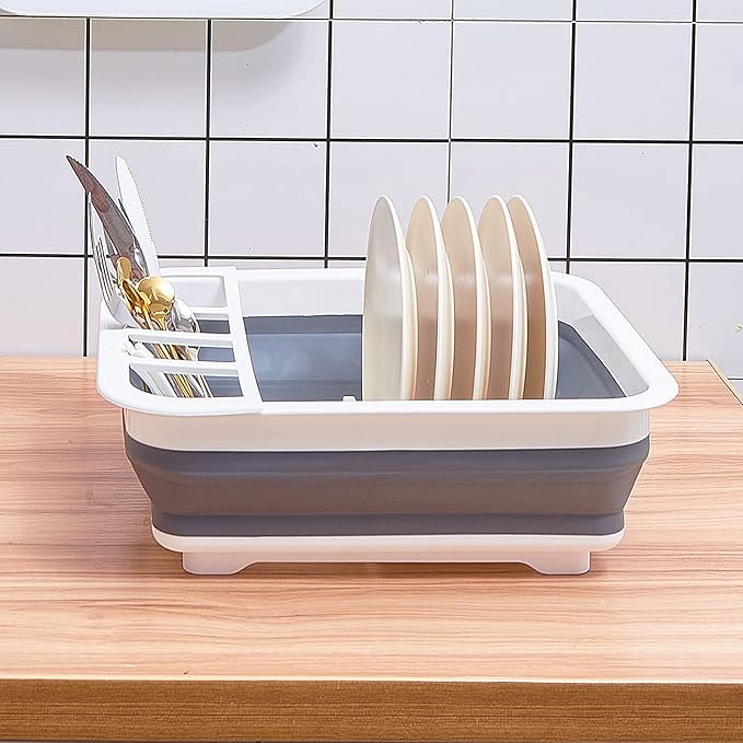 Collapsible Dish Drying Rack with Rotating Drain & Plug,Space-Saving Dish Drainers for Kitchen Counter, Portable Dish Rack Over Sink Drying Dinnerware,Travel Trailer RV Camping Essentials