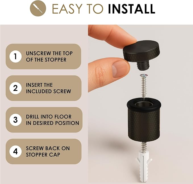 Mega Handles Knurled Floor Door Stopper, Quickly Installed Wall Protector, Wall Protectors from Door Knobs, Floor Door Stop with Mounting Hardware Included - Matte Black - 2 Inches