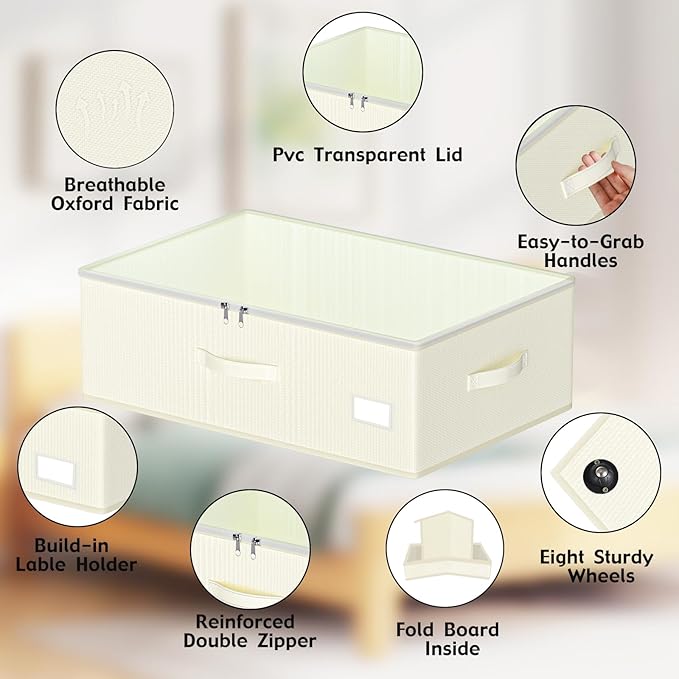 EE-RoomWorld Under Bed Storage with Wheels, No Assemble Required 10 inches height Under Bed Storage bins,Large capacity Rolling Underbed Shoe Storage containers，dorm underbed storage drawers