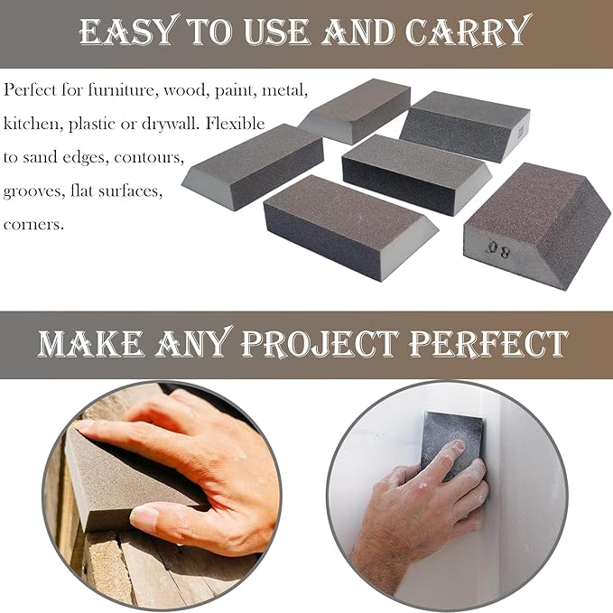 12 Pack Single Sanding Sponge Set - 80/100/120/180/220/320 Grit Sanding Blocks Assortment, Washable and Reusable