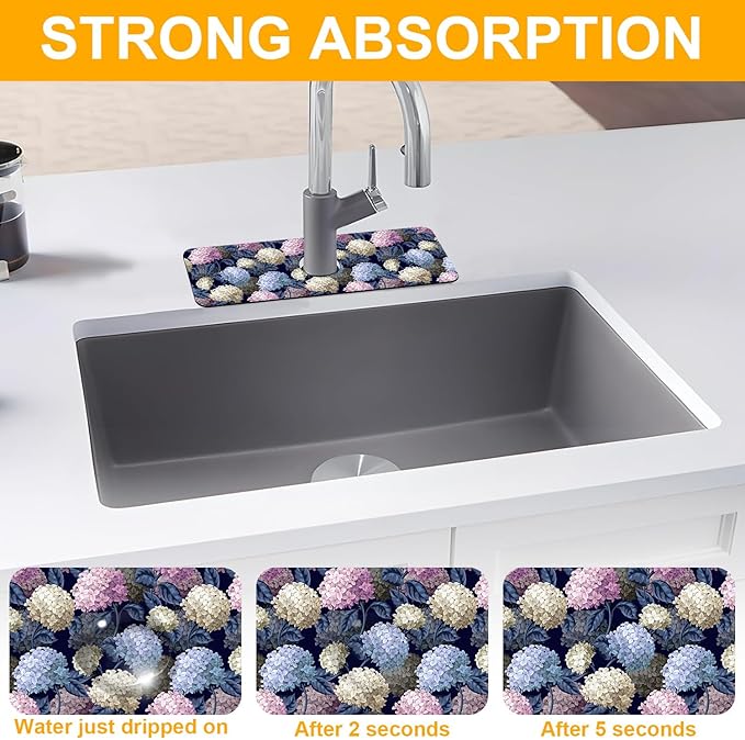 2 Pack Vintage Hydrangea Sink Faucet Absorbing Mat Colorful Hydrangeas Super Absorbent Fast Drying Mat Sink Gadgets Behind Faucet Sinkmat for Kitchen Bathroom, 15.5"x5.5"