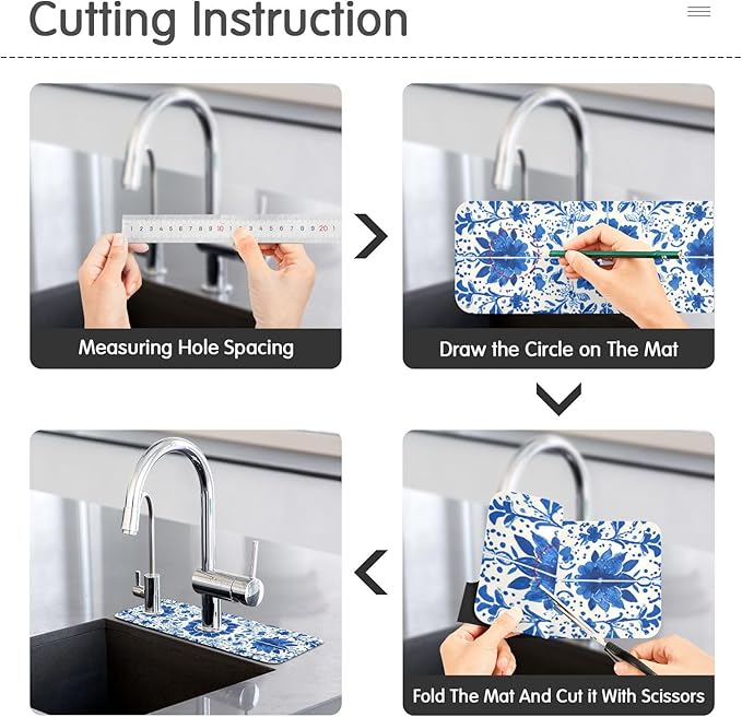 Kitchen Sink Splash Guard 2 PCS 14.7 Inch Sink Faucet Mat Splash Guard for Bathroom Countertop Water Absorbent Foldable Cuttable Soft Washable Floral Blue and White Tile