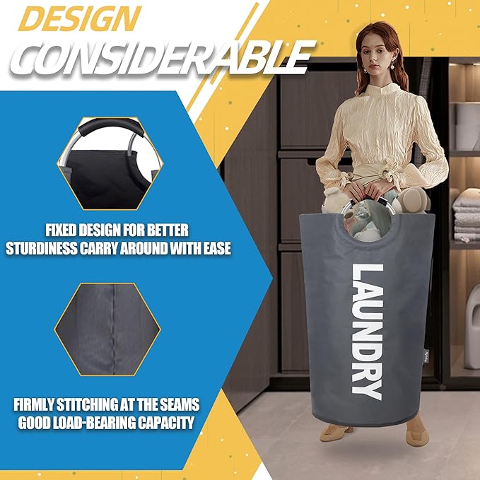 100L Laundry Basket, Collapsible Laundry Hamper with Padded Handles, Waterproof Laundry Bag, Tall Clothes Hamper Stand Up Well, Foldable Laundry Baskets for Easy Storage(Printed Dark Grey)