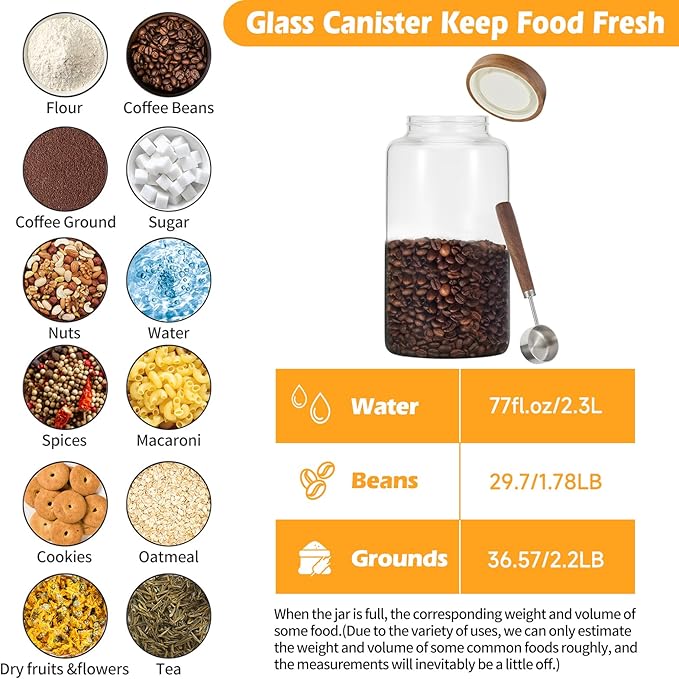 Patoper Large Glass Coffee Jars with Spoon,Round Storage Canister with Wooden Lid Clear Glass Food Jar for Pantry Sugar Tea Coffee Bean Spice Nuts Cookies Bath Salts (2300ml/77oz)
