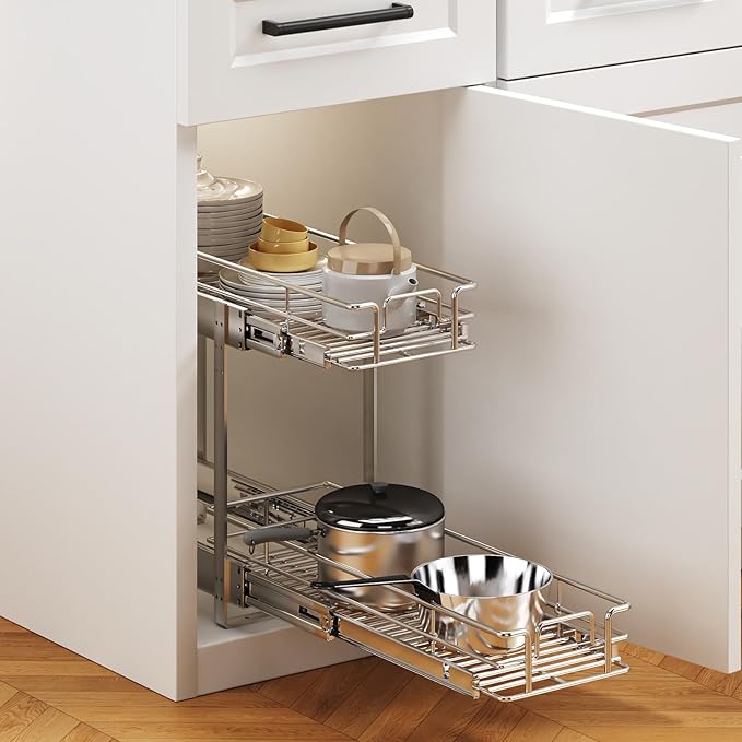 MODCART 2 Tier Individual Pull Out Cabinet Organizer 7½" W x 21½" D, Heavy Duty Cabinet Pull Out Shelves, Slide Out Drawers Organization for Kitchen Cabinets Bathroom