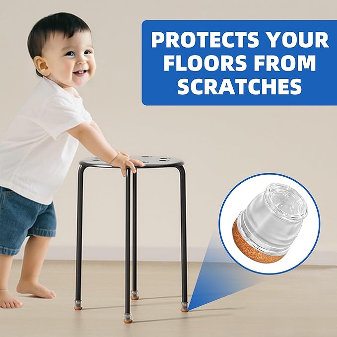 20 Pcs Clear Extra Small Skinny Chair Leg Floor Protectors for Hardwood Floors, Upgraded Rubber Chair Leg Caps with Felt, Round Furniture Leg Feet Covers, No Scratches Reduce Noise (Fit 0.4"-0.55")