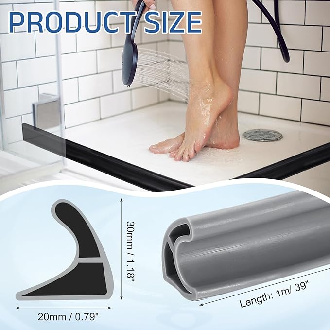 uxcell Flexible Shower Water Barrier, 39" TPE Shower Edge Water Stopper Blocker Splash Guard for Bathtub Sink Washing Machine Dry and Wet Separation, 0.79"W x 1.18"H, Grey