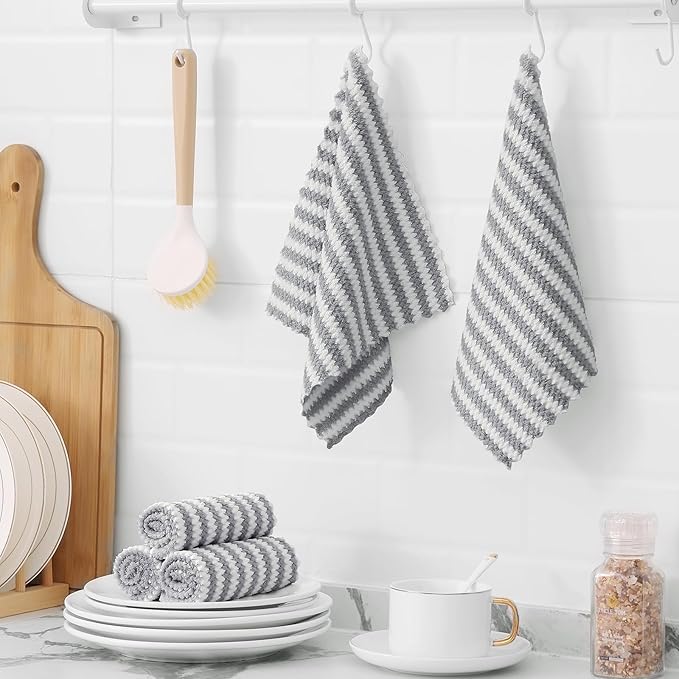 Homaxy 18 Pack Kitchen Dish Cloths, Ultra Soft and Absorbent Dish Towels, Reusable Fast Drying Microfiber Cleaning Cloth, Coral Velvet Wave Design No-lint,10 x 10 inches, Grey