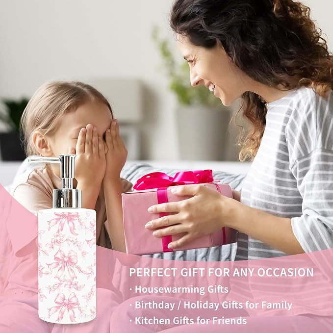 JarThenaAMCS Valentine's Day Pink Bow Floral Soap Dispenser Glass Dispenser with Pump Refillable Vintage Chinoiserie Bow Flower Liquid Soap Container for Kitchen Bathroom Countertop Decor