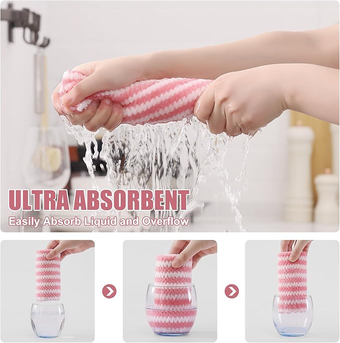 Homaxy 12 Pack Kitchen Dish Cloths, Ultra Soft and Absorbent Dish Towels, Reusable Fast Drying Microfiber Cleaning Cloth, Coral Velvet Wave Design No-lint, 10 x 10 inches, Pink