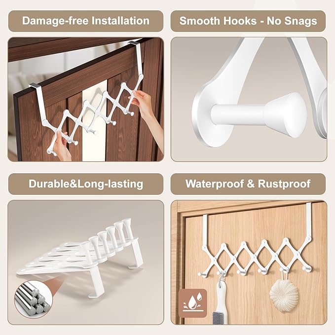 SCUNDA Expands Over The Door Hook Rack, Heavy Duty No Drill Hooks for Bathroom, Bedroom, Kitchen, Closet - Over The Door Hanger for Towels, Robes, Bags, Coats(White)
