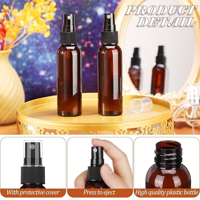 Nuogo 100 Pack 2 Oz Plastic Spray Bottles Reusable Mini Travel Size Perfume Refillable Mist Sprayer Empty Spritz Bottle for Household Use Essential Oil Cleaning(Amber)
