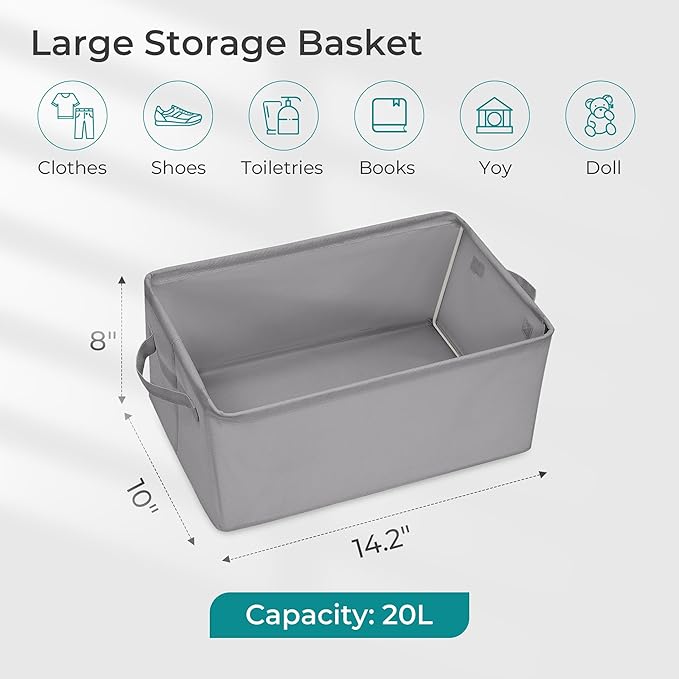 Storage Basket Bins with Metal Frame, Large Collapsible Fabric Storage Baskets for Organizing Shelf, Basket Organizer W/Handles for Blankets, Towels, Laundry, Shelves, 18-Pack, Grey