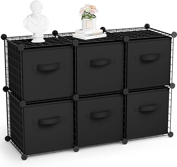 Leinuosen 6 Cube Storage Organizer with Fabric Bins, Wire Grid Stackable Shelves, Drawer Closet Organizer, Modular Storage Units for Bedroom Living Room Office Clothes Toys Crafts(Black,Black)