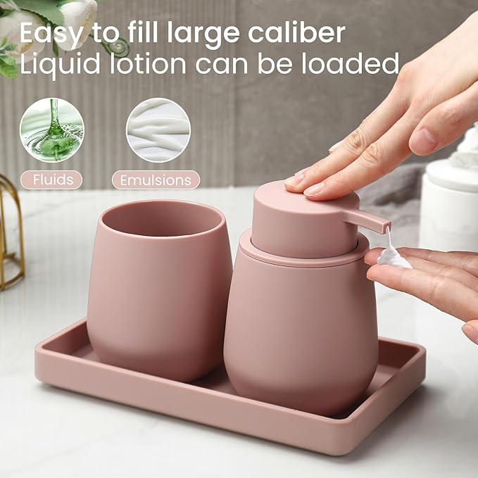 Bathroom Accessories Set, Modern 3 Pcs Bathroom Essentials - Soap Dispenser, Toothbrush Holder & Tray, Countertop Vanity Organizer (Pink)