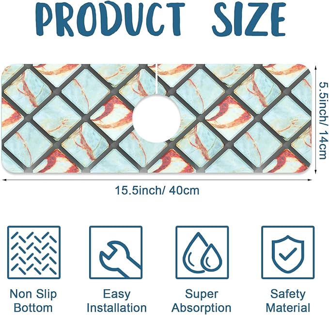Rendering Marble Sink Splash Guard Faucet Mat Blue Wall Tiles Super Absorbent Fast Drying Mat Sink Gadgets-Splash Guard Behind Faucet Drip Catcher for Kitchen Bathroom, 15.5"x5.5"