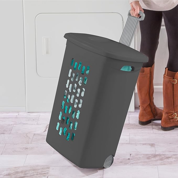 Sterilite 3-Pack Ultra Wheeled Hamper, Plastic Rolling Laundry Basket, Flat Gray - Portable Clothes Carrier with Flip-Top Lid and Retractable Handle for Home, Apartment, and Dorm