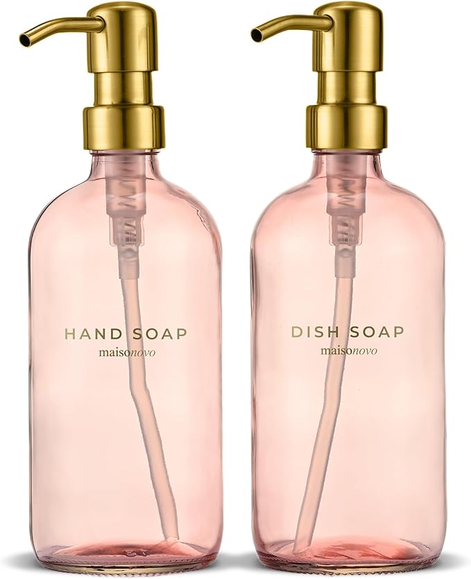 MaisoNovo Soap Dispenser 2-Piece Set | 16.9oz Pink Bottles with Gold Stainless Steel Pump Core