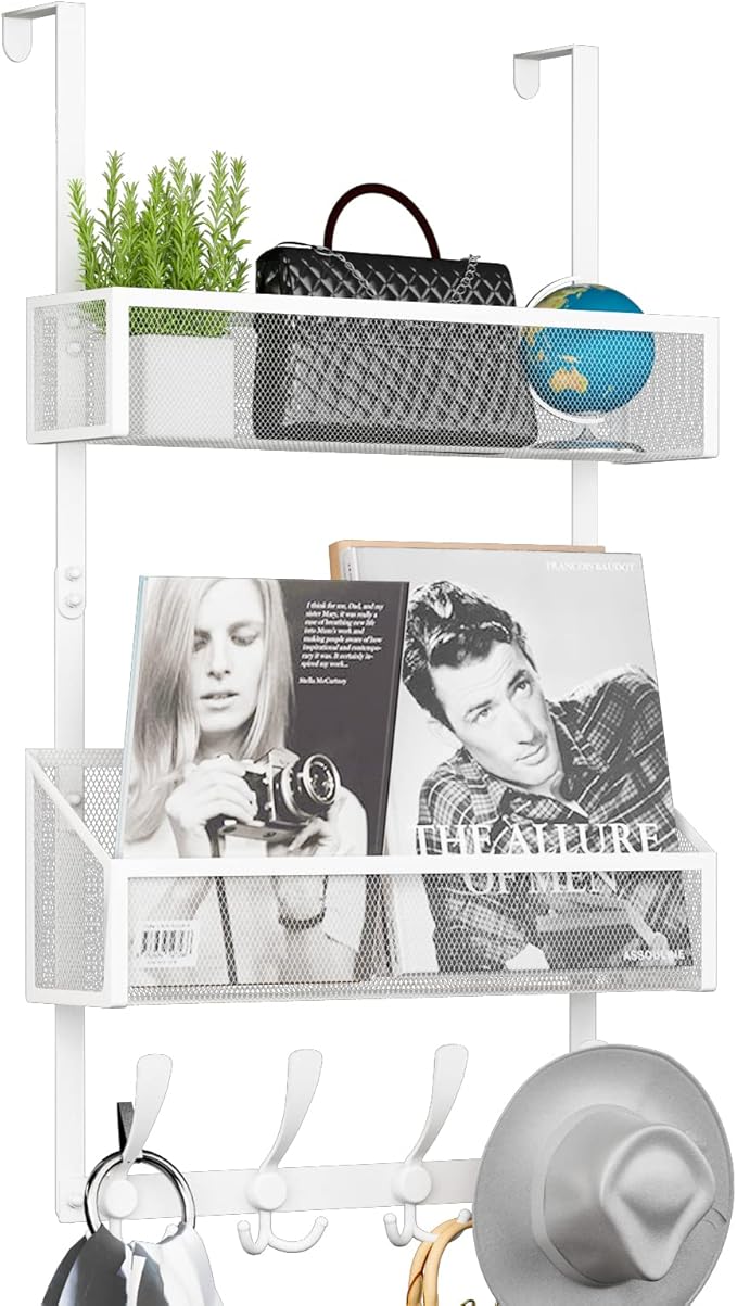 Kaiferty Over The Door Hooks Organizer, Coat Rack Over The Door Storage Hanger Towel Rack, Back of Door Storage Organizer for Bathroom,Bedroom,Kitchen,Office (White, 3-Tier)