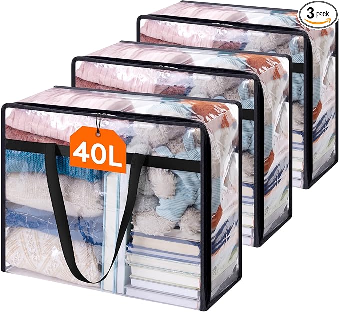 Lifewit 3 Pack Clear Clothes Storage Bags, 40L Plastic Blanket Storage Bag, Vinyl Foldable Moving Bags with Zipper, Closet Organizers and Storage Containers for Bedding, Duvet, Comforter