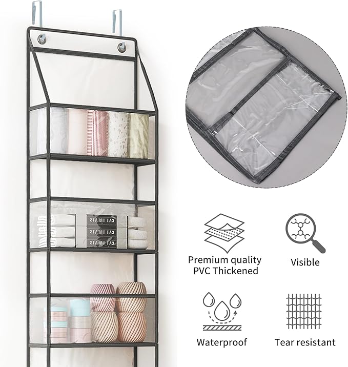 Fixwal Over The Door Hanging Pantry Organizer - 5-Shelf Room Storage With Clear Plastic Pockets for Behind The Door - Large Capacity for Closet, Bedroom, Bathroom (Grey)