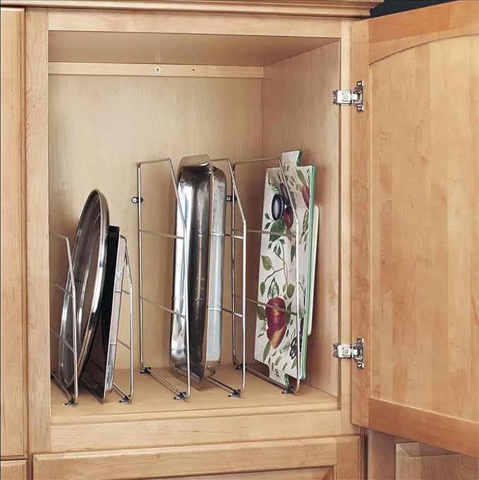 Rev-A-Shelf 12" Baking Sheet Shelf Organizer for Wall and Base Kitchen Cabinets, Divider Pan Rack Storage Wires for Cupboards, Chrome, 597-12CR-2-1