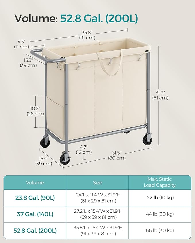 SONGMICS Laundry Basket with Wheels, 3-Section Rolling Laundry Hamper, 52.8 Gallons (200 L), Removable Liner, Steel Frame with Handle, 35.8 x 15.4 x 31.9 Inches, Cream White URLS005W01