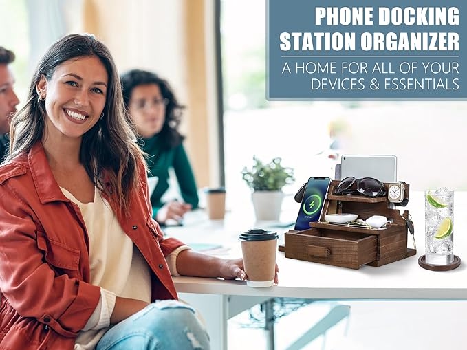 Parkway Home Wood Phone Docking Station with Drawer, Compatible with Apple Watch - Wood Charging Station Organizer Stand, Bedside Nightstand Organizer for Men, Holds Phone, Tablet, Keys, Glasses, EDC