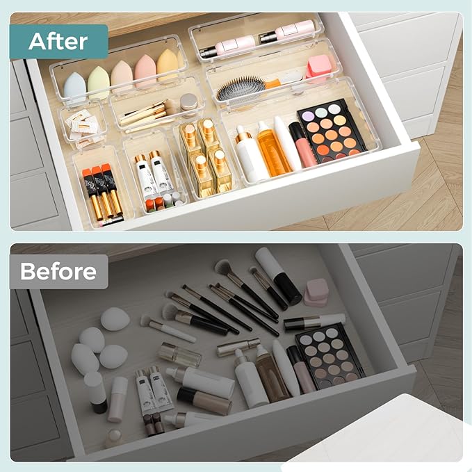 WOWBOX 44 PCS Clear Plastic Drawer Organizer Set, 5 Varied Size storage Bins and Desk Drawer Organizer Trays for Makeup, Gadgets, Jewelry and Utensils in Bathroom, Bedroom and Office, Clear