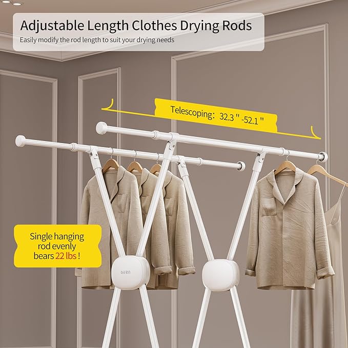 BIREN Clothes Drying Rack Heavy Duty Clothing Racks Foldable Laundry Rack Two Drying Modes Garment Racks for Drying Clothes, Adjustable Length from 32-55 Inches for Indoor Outdoor Use