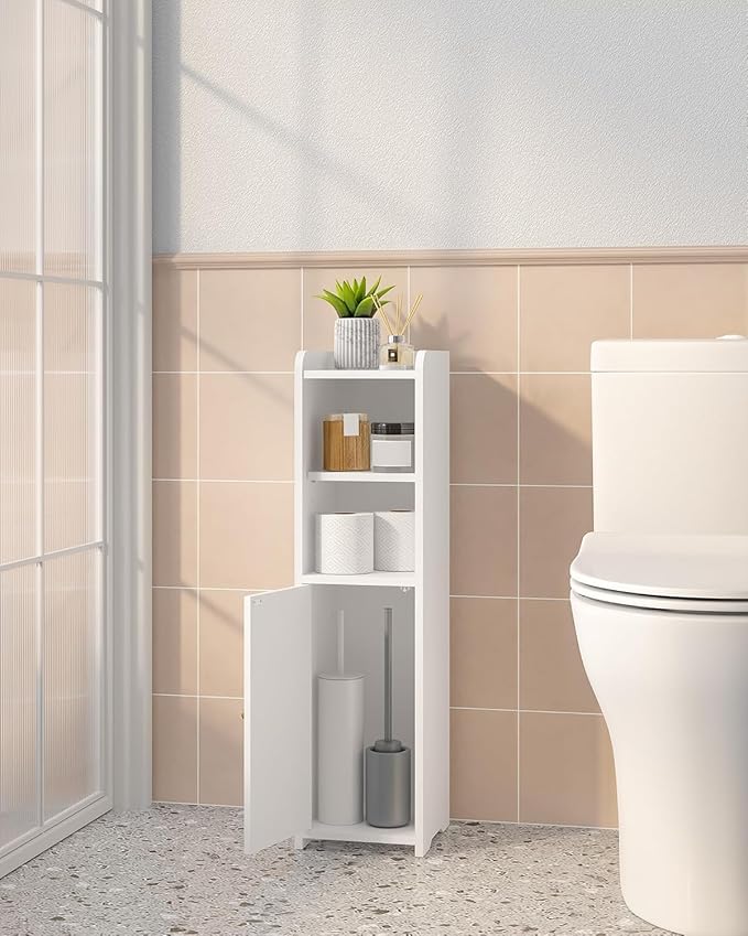 Bathroom Storage Cabinet, Small Corner Floor Cabinet with Doors and Adjustable Shelf, Narrow Toilet Paper Cabinets, Bathroom Organizer for Small Spaces, White BC19703X
