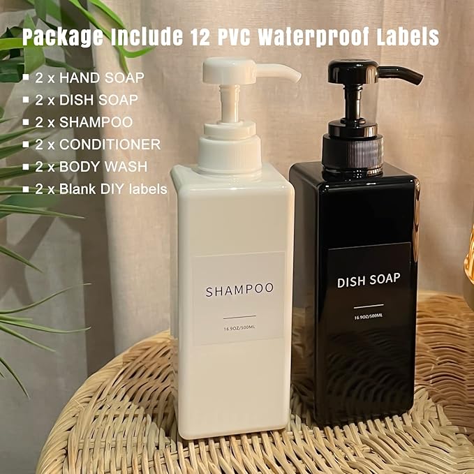 Amber Soap Dispenser with Waterproof Labels, Thickened Plastic Hand Soap Dispenser for Bathroom, Kitchen Dish Washing Liquid Bottles, Shampoo and Conditioner Bottles with Funnel (16oz 2Pack Amber)