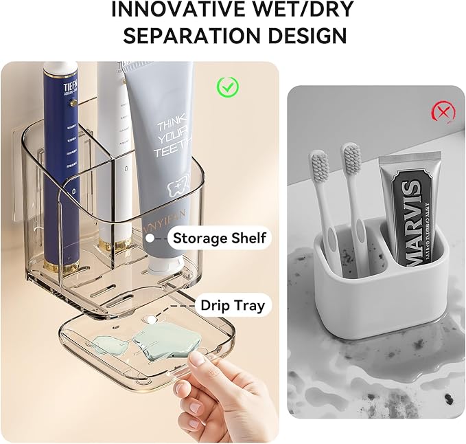 Toothbrush Holders for Bathrooms, 3 Slots Detachable Toothbrush Holder Wall Mounted with Divider, Removable Electric Tooth Brush and Toothpaste Holder Organizer for Bathroom Countertop/Kitchen/Office
