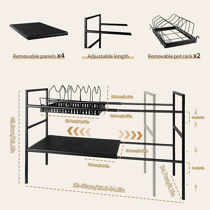 Pots and Pans Organizer Under Cabinet, Expandable Length, Adjustable Height Under Sink Shelf 2 Tier with 5 Dividers Under Cabinet Shelf, Metal Frame for Bathroom Kitchen Pantry Cabinet (Black)