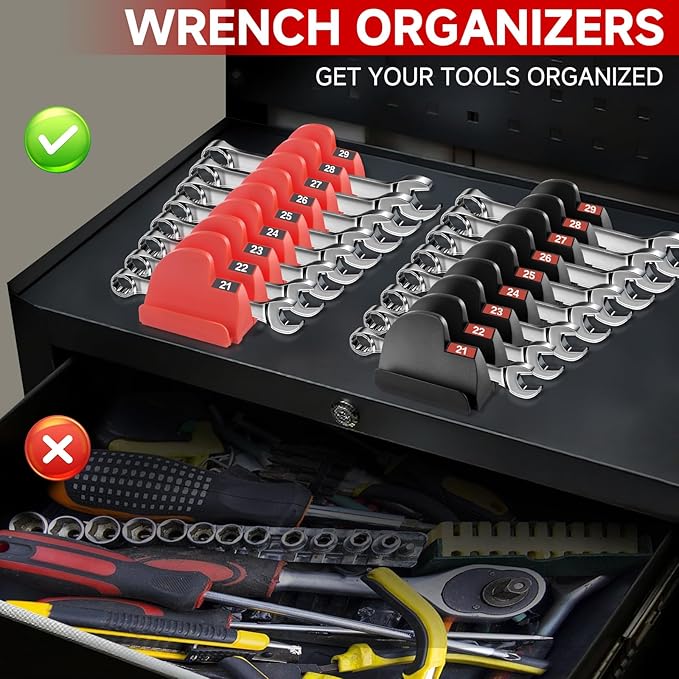 48 PCS Magnetic Modular Wrench Organizers for Tool Drawers- Customizable Wrench Rack with Metric & SAE Labels, Tool Storage Holder - Gift for Professional Mechanics Men-Red
