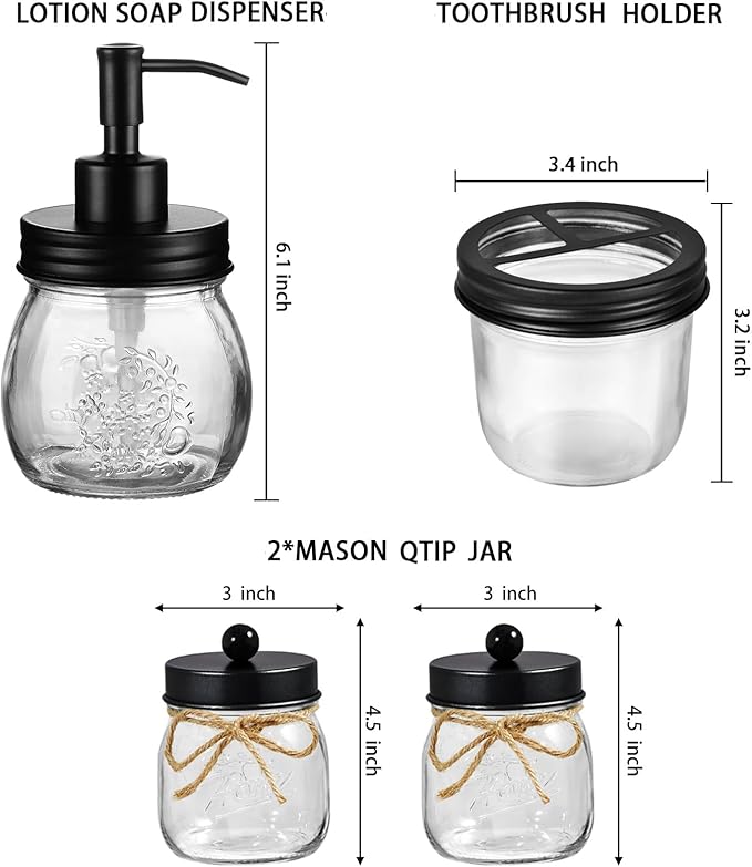 Amolliar Mason Jar Bathroom Accessories Set 4 Pcs -Lotion Soap Dispenser & 2 Qtip Holders & Toothbrush Holder - Rustic Farmhouse Decor, Bathroom Home Decor (Black)
