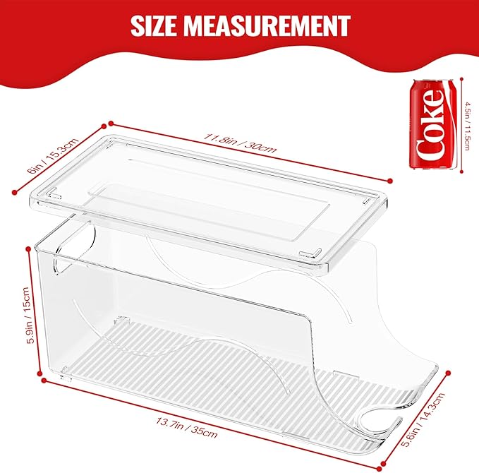 Stackable Refrigerator Organizer, Soda Can Dispenser Pop Cans Container Beverage Holder with Lid for Fridge, Freezer, Kitchen, Clear Plastic Storage Bins-Holds 10 Cans Each (One)