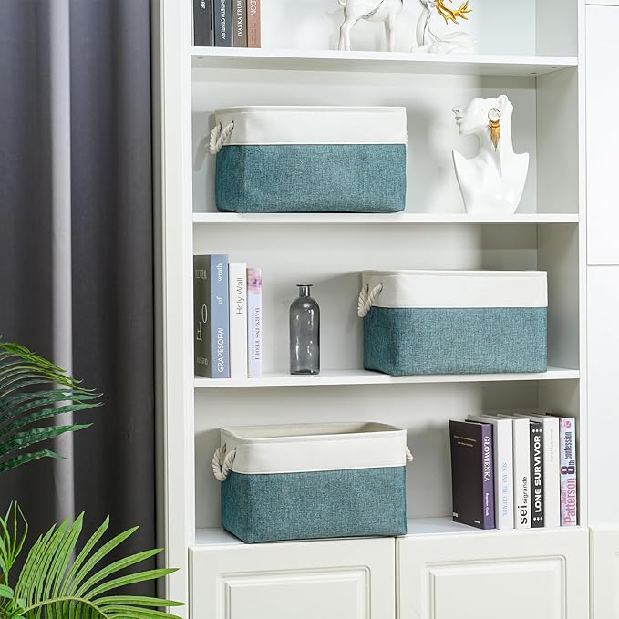 DUHEL Storage Bins 3 Pack, Fabric Storage Basket for Collapsible Medium Canvas Storage Baskets for Organizing Shelf Nursery Home Closet . 15(L) x 11(W) x 9.5(H) inch (White&Teal-3PCS)