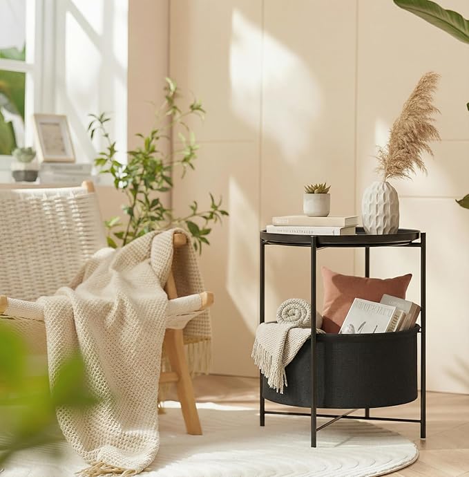 danpinera Round Side Table with Fabric Storage Basket, Metal Small Bedside Nightstand Removable Tray Top for Living Room, Bedroom, Nursery, Laundry, Ink Black