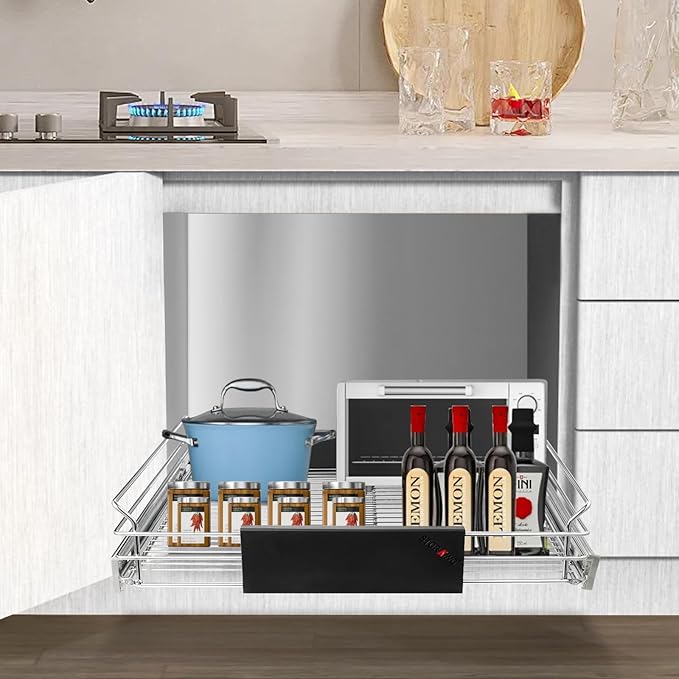 STORKING Expandable Pull Out Cabinet Organizer, Slide Out Drawers for Kitchen Cabinets, Heavy Duty Storage Drawers, Chrome Plated Cabinet Wire Shelf, Adjustable Width 12.5~20.2" W x 17.3" D