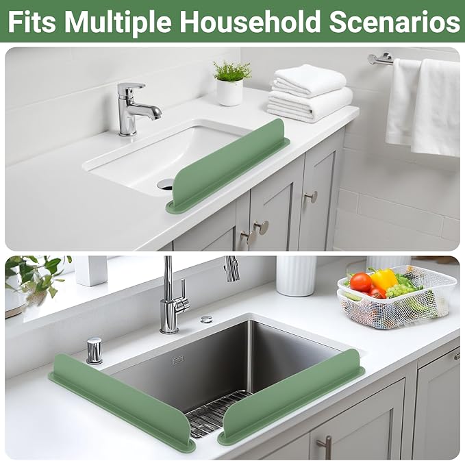 19.29 inch Silicone Sink Splash Guard, Splash Guard for Kitchen Sink Area, Backsplash Protector for Kitchen Countertop & Bathroom Bathtub with Non-Slip Strong Suction, Sage Green