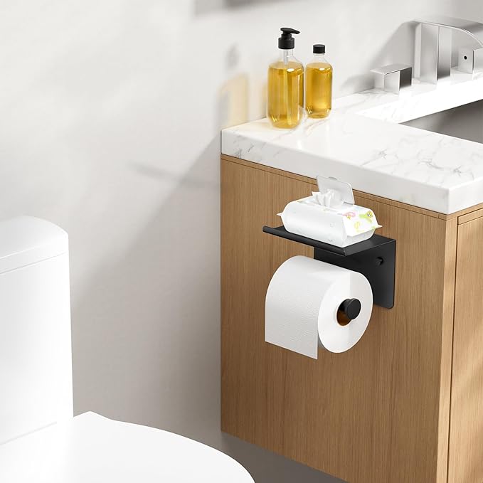 FORIOUS Toilet Paper Holder with Shelf, Adhesive or Screw Wall Mount Toilet Paper Roll Holder for Bathroom, Rustproof 304 Stainless Steel Commercial Toilet Tissue Holder, 2 Pack Matte Black